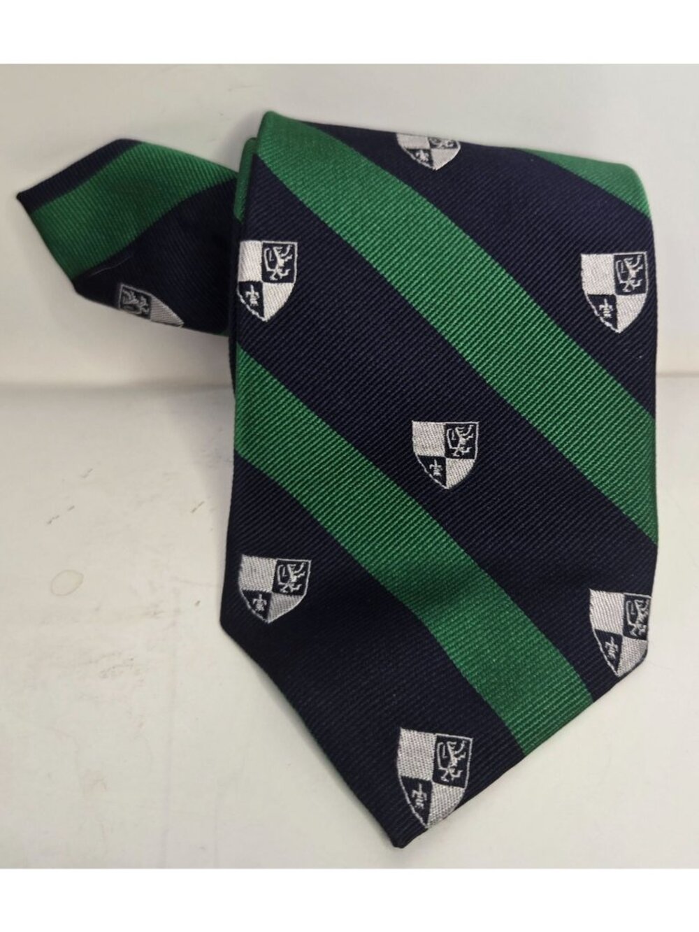 Peter Millar Tie Navy and Green Striped Silk Tie With Repeating Crest Preppy